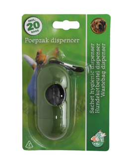 Groene Boon poepzak dispenser met handige ophangclip inclusief een rol van 20 hondenpoepzakjes