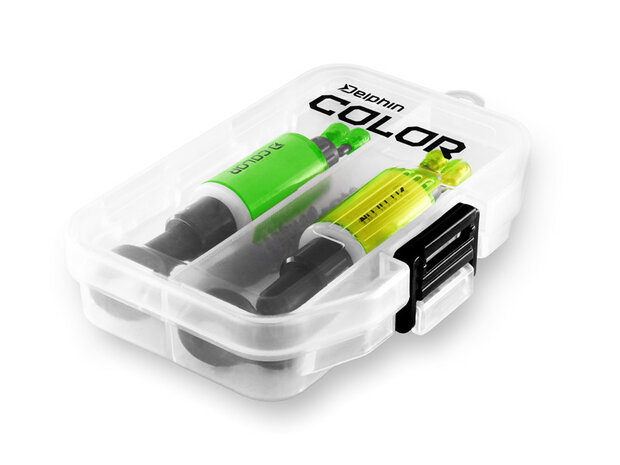 Delphin COLOR bite indicators set geel en groen met tackle box