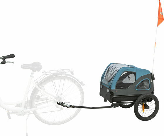 Trixie hondenfietskar in blauw en grijs met reflectoren en veiligheidsvlag voor de hond achter de fiets. Maat S