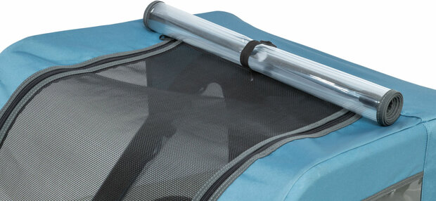 Trixie hondenfietskar in blauw en grijs met reflectoren en veiligheidsvlag voor de hond achter de fiets. Maat S ventilatie
