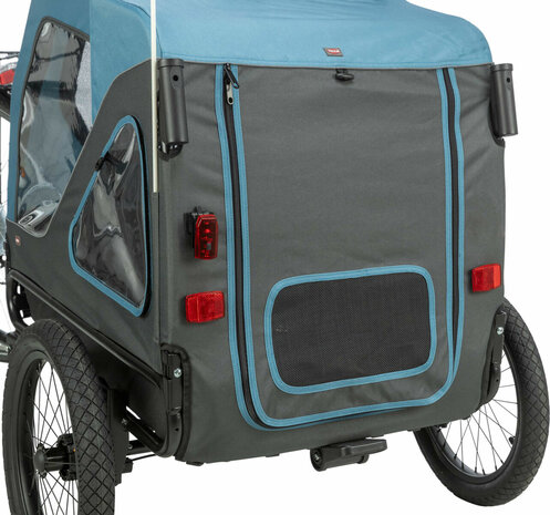 Trixie hondenfietskar in blauw en grijs met reflectoren en veiligheidsvlag voor de hond achter de fiets. Maat S Achterkant