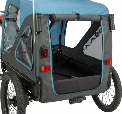 Trixie hondenfietskar in blauw en grijs met reflectoren en veiligheidsvlag voor de hond achter de fiets. Maat S achterdeur