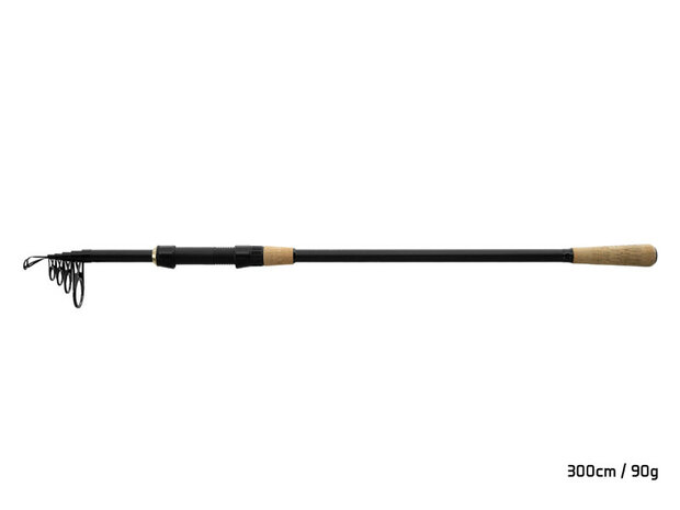 Delphin TORRAX telescopische karperhengel met slanke zwarte carbon blank en kurken handgreep. 3 meter