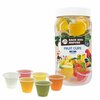 Grote transparante bewaarpot met deksel gevuld met vierentwintig gekleurde Back Zoo Nature fruit cups gelei voor vogels en knaa