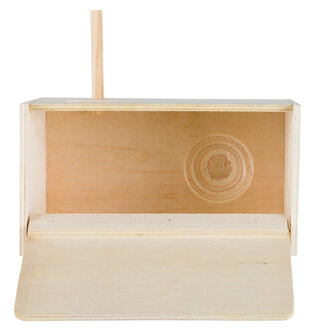 Houten liggende broedkast voor parkieten met invlieggat rechts en zitstok binnenkant