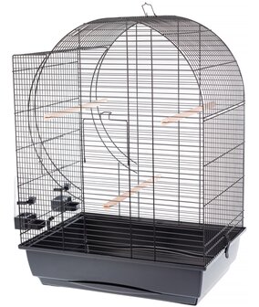 Vogelkooi Elisabeth zwart &ndash; grote vogelkooi met zwarte tralies, schuiflade, zitstokken en silo&rsquo;s voor kleine papegaaien