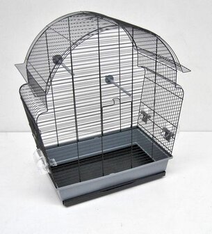 Vogelkooi Donna zwart grijs &ndash; gebogen dak, zwarte tralies en grijze onderbak voor kleine vogels