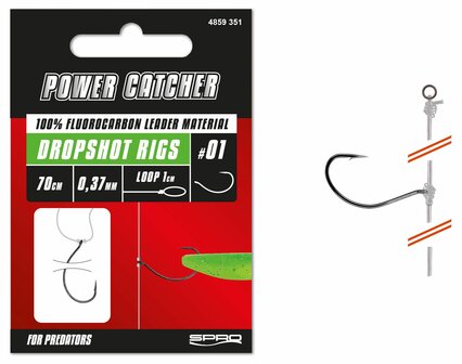 Powercatcher dropshot onderlijn van 70 cm met haakmaat 2 en 0,30 mm fluorocarbon, voorzien van bevestigingslus
