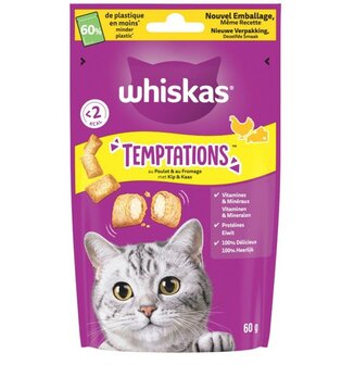 Whiskas Temptations met kaas en kip &ndash; 60 gram krokante kattensnack