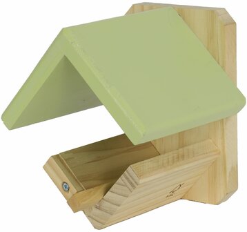 Pindakaaspot houder met groen dak van FSC-hout, ophangsysteem voor tuinvogels