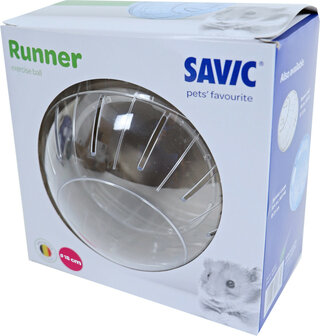 Goudhamster in Savic Runner loopbal van 18 cm verpakking zijkant