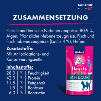 Vitakraft Hearts Skin &amp; Coat kattensnoepjes met zalm en Omega-3 voor gezonde huid en vacht smanstelling