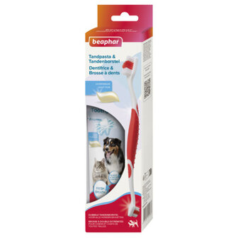 Beaphar Tandpasta met dubbele tandenborstel set voor de gebitsverzorging van grote en kleine honden, verpakking