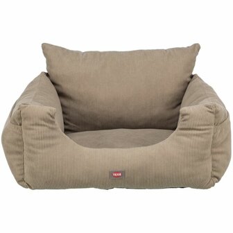 Trixie autostoel hond taupe 55x30 cm met gordelbevestiging en uitneembaar kussen voorkant