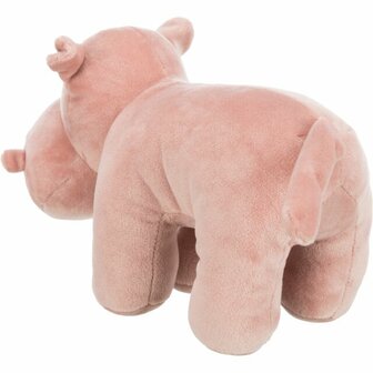 Hond speelt met Trixie pluche nijlpaard speelgoed