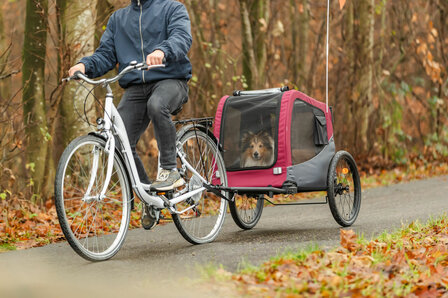 Inklapbare Trixie hondenfietskar in de kleur grijs met rood, maat Large, voorzien van veiligheidsvlag en reflectoren. 