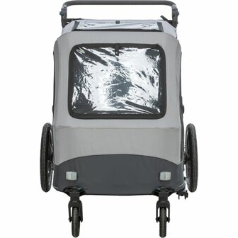 Inklapbare TRIXIE hondenfietskar XL in grijs en zwart met gaas-inzetstukken, reflectoren en een veiligheidsvlag.