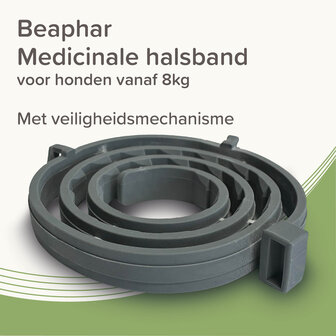 Een verpakking van de Beaphar Medicinale halsband van 70 cm voor honden vanaf 8 kg tegen vlooien, teken en zandvliegen.