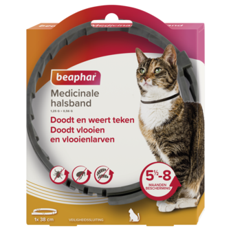 De verpakking van een Beaphar Medicinale halsband van 38 cm voor katten tegen vlooien en teken.
