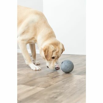 Grijze rubberen snackbal voor honden van 11 cm met pootprint reli&euml;f en vulopening voor hondensnoepjes