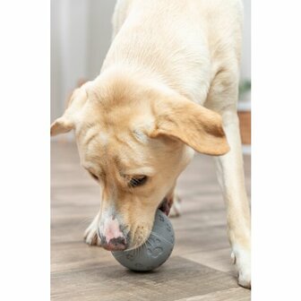 Grijze rubberen snackbal voor honden van 11 cm met pootprint reli&euml;f en vulopening voor hondensnoepjes