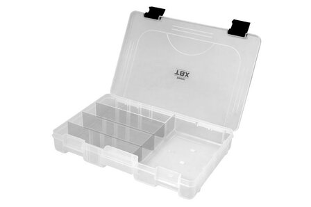 Een bovenaanzicht van de transparante Delphin TBX ONE Clip 275-5P tacklebox met 5 vaste vakken, losse schotjes en robuuste plas