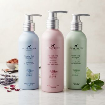 Frenky Lewis hondenshampoo 99,5 procent natuurlijk in drie geuren