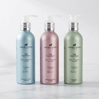 Frenky Lewis natuurlijke hondenconditioner flacon in drie geuren