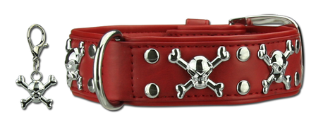 Leren halsband rood doodskoppen