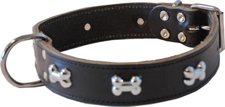 Brede leren hondenhalsband met botjes