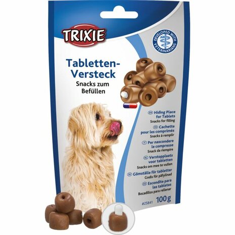 Hond eet Trixie verstopplaats tabletten snack 100 gram voor het verstoppen van medicijnen - verpakking