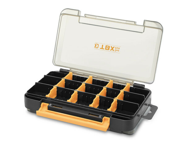 Delphin TBX Duo tackle box bovenkant met verstelbare vakverdeling