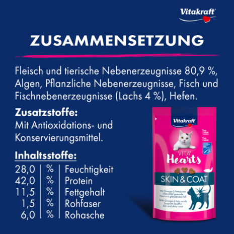 Vitakraft Hearts Skin & Coat kattensnoepjes met zalm en Omega-3 voor gezonde huid en vacht smanstelling