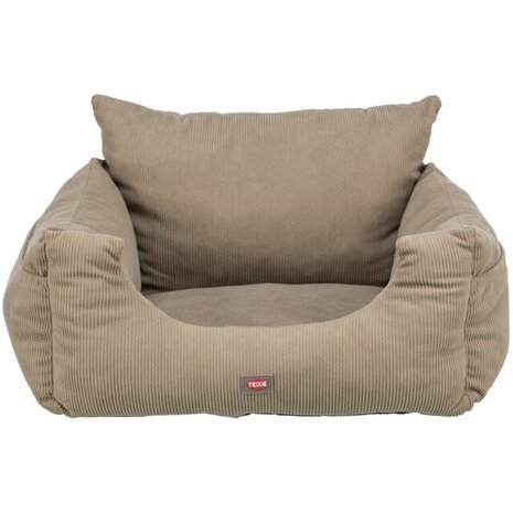 Trixie autostoel hond taupe 55x30 cm met gordelbevestiging en uitneembaar kussen voorkant