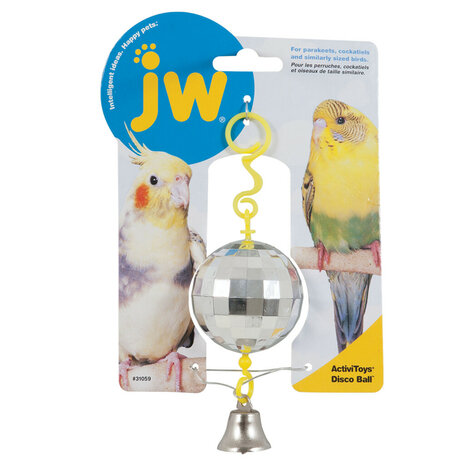 PaJW discobal vogelspeelgoed met zany haak en hangend belletje voor parkieten verpakkingwise Spinner spiegels vogelspeelgoed me