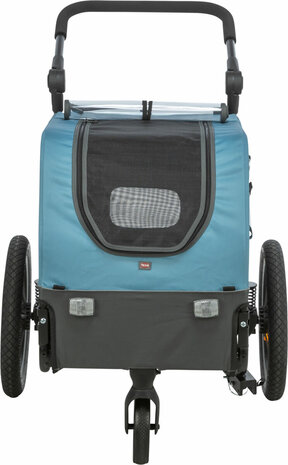 Trixie joggingkit uitbreidingsset met zwenkbaar voorwiel en duwarm gemonteerd op de blauw-grijze hondenfietskar.