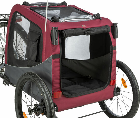 Inklapbare Trixie hondenfietskar in de kleur grijs met rood, maat Large, voorzien van veiligheidsvlag en reflectoren. Achterkan