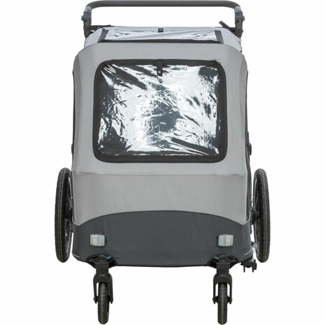 Inklapbare TRIXIE hondenfietskar XL in grijs en zwart met gaas-inzetstukken, reflectoren en een veiligheidsvlag.