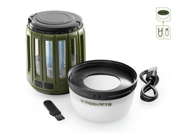 Delphin MOSKYTO telescopische outdoor- en bivvylamp met UV-insectenval en ge&iuml;ntegreerde ophanghaak.