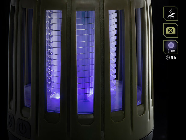 Delphin MOSKYTO telescopische outdoor- en bivvylamp met UV-insectenval en ge&iuml;ntegreerde ophanghaak.