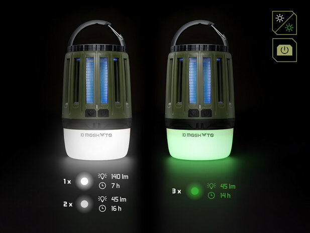 Delphin MOSKYTO telescopische outdoor- en bivvylamp met UV-insectenval en ge&iuml;ntegreerde ophanghaak.