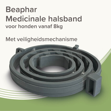 Een verpakking van de Beaphar Medicinale halsband van 70 cm voor honden vanaf 8 kg tegen vlooien, teken en zandvliegen.