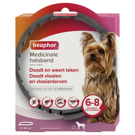 Een verpakking van de Beaphar Medicinale halsband van 38 cm voor kleine honden tot 8 kg tegen vlooien, teken en zandvliegen.