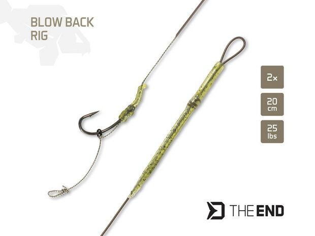 Kant-en-klare Delphin THE END Blow Back karper rig met gestripte gecoate 25lbs lijn, Mustad Shanker haak met rig ring en sCAMO 