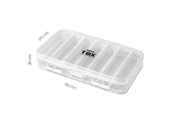 Een transparante, dubbelzijdige Delphin TBX DUO 195-14P tacklebox van plastic met 14 vaste schotten en robuuste sluitclips det.