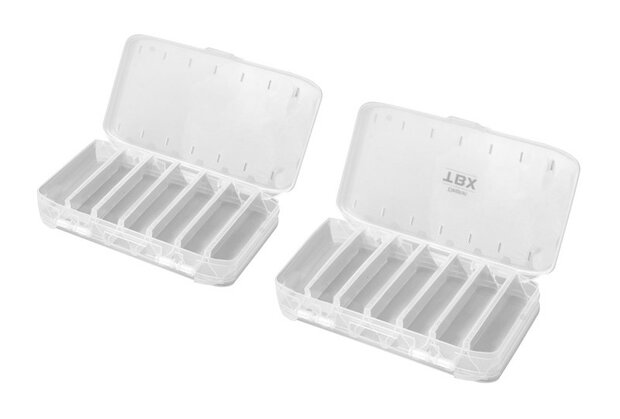 Een transparante, dubbelzijdige Delphin TBX DUO 195-14P tacklebox van plastic met 14 vaste schotten en robuuste sluitclips det.