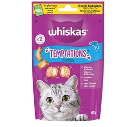 Whiskas Temptations met zalm – 60 gram krokante kattensnack
